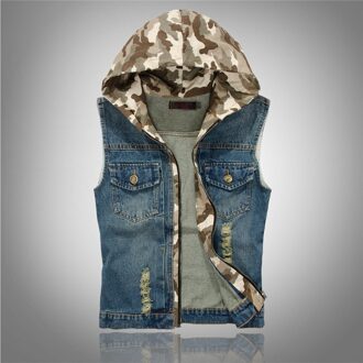 Slim Denim Vest Mannen Zakken Rits Mode Hip Hop Streetwear Casual Cowboy Camouflage Hooded Vest Mouwloze Jassen