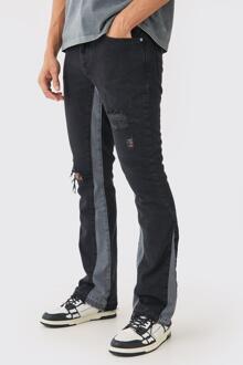 Slim Fit Flared Jeans Met Versleten Panelen, Washed Black - 28S