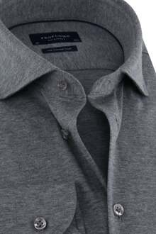 Slim Fit jersey overhemd - antraciet grijs melange knitted shirt - Strijkvrij - Boordmaat: 38