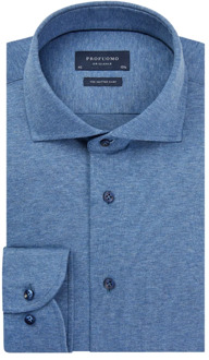 Slim Fit jersey overhemd - blauw melange knitted shirt - Strijkvrij - Boordmaat: 40