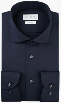 Slim Fit overhemd - navy blauw fine twill - Strijkvrij - Boordmaat: 41