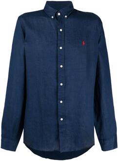 Slim fit overhemd van linnen Donkerblauw - XS