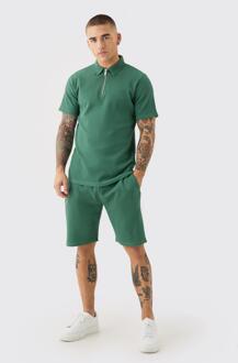 Slim Fit Waffle Polo & Short Set, Forest - L