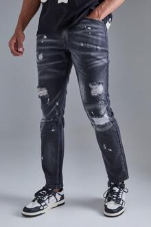 Slim Rigid All Over Paint Detail Knee Ripped Jeans, Washed Black - 30R