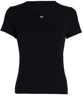 Slimme Geribbelde Katoenen Stretch T-Shirt Tommy Jeans , Black , Dames - XS