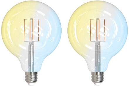 Slimme LED E27 G125 7W ZigBee Tuya Philips Hue set van 2 duidelijk