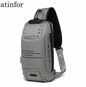 Sling Waterproof Rivet Men Small Chest Bags Anti Theft Password Lock USB Charging Port Crossbody Bag Reflective