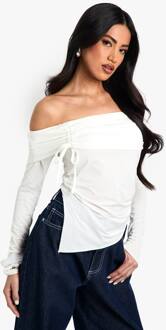 Slinky Bardot Top Met Gerafelde Voorpand En Lange Mouwen, White - 38