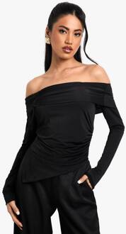 Slinky Bardot Top Met Gerafelde Voorzijde En Lange Mouwen, Black - 36