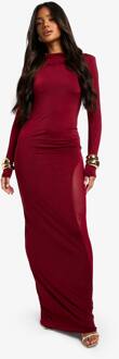 Slinky Mesh Detail Maxi Jurk Met Lange Mouwen, Plum - 40