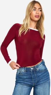 Slinky Top Met Contrasterende Binding En Lange Mouwen, Berry - 34