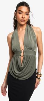Slinky Trim Detail Cowl Front Top, Khaki - 42