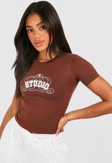 Slogan Fitted Short Sleeve T-Shirt, Chocolate - M