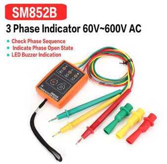 SM852B 3 Phase Rotation Tester Digital Phase Indicator Detector LED Buzzer Phase Sequence Meter Voltage Tester 60V~600V AC