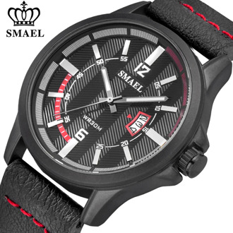 SMAEL Luxury Mens Watches Sport Waterproof Quartz Watch Leather Calendar Men Top Brand Army Military Wristwatch Male Clock
