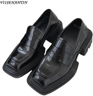 Small Leather Shoes Women New British Style Square Toe Thick Heel Black Single Shoes Novelty Platform Retro Casual Loafers