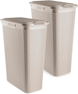 Smalle Wasmand met deksel Rotan - 2x - beige - gevlochten kunststof - 48 liter - 27 x 46 x 60 cm