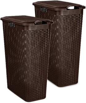 Smalle Wasmand met deksel Rotan - 2x - bruin - gevlochten kunststof - 48 liter - 27 x 46 x 60 cm