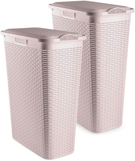 Smalle Wasmand met deksel Rotan - 2x - roze - gevlochten kunststof - 48 liter - 27 x 46 x 60 cm