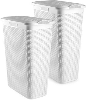 Smalle Wasmand met deksel Rotan - 2x - wit - gevlochten kunststof - 48 liter - 27 x 46 x 60 cm