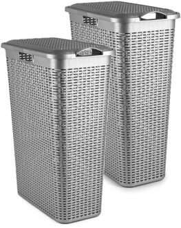 Smalle Wasmand met deksel Rotan - 2x - zilvergrijs - gevlochten kunststof - 48 L - 27 x 46 x 60 cm