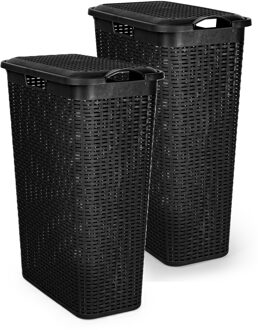 Smalle Wasmand met deksel Rotan - 2x - zwart - gevlochten kunststof - 48 liter - 27 x 46 x 60 cm