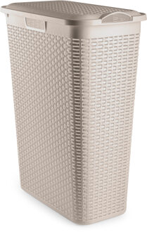 Smalle Wasmand met deksel Rotan - beige - gevlochten kunststof - 48 liter - 27 x 46 x 60 cm