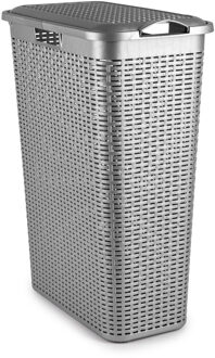 Smalle Wasmand met deksel Rotan - zilvergrijs - gevlochten kunststof - 48 liter - 27 x 46 x 60 cm