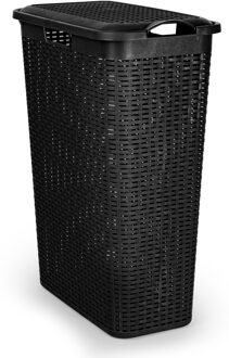 Smalle Wasmand met deksel Rotan - zwart - gevlochten kunststof - 48 liter - 27 x 46 x 60 cm