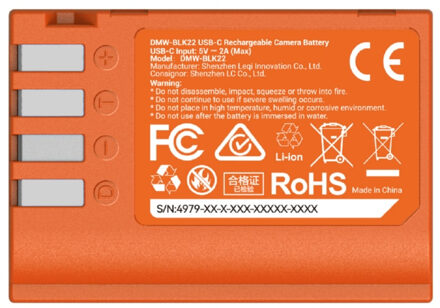SmallRig 4979 DMW BLK22 USB C Rechargeable Camera Battery oranje