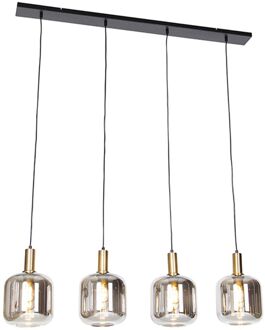 Smart hanglamp zwart met smoke glas 4-lichts incl. Wifi A60 - Goud