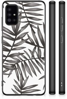 Smartphone Hoesje Samsung Galaxy A51 Back Case TPU Siliconen Hoesje met Zwarte rand Leaves Grey