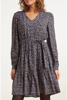 Smashed Lemon 23517 dames paars bloemenprint v-hals jurk | Zwart