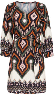Smashed Lemon 23529 dames klassieke v-hals jurk met riemopvallende tribal print | Zwart