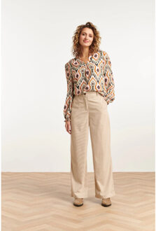 Smashed Lemon 23530 dames chique v-hals top met neutrale tribal print | Wit - XS