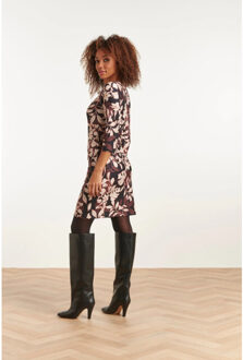 Smashed Lemon 23562 stretch jurk met bladeren patroon | Zwart - XS