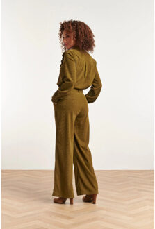 Smashed Lemon 23583 boho western corduroy blouse met ruffle neckline | Bruin/groen - XL