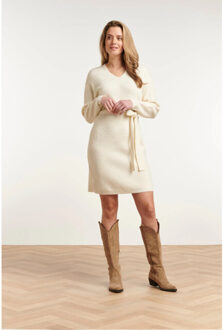 Smashed Lemon 23605 zachte v-hals gebreide jurk | Ecru - 4XL