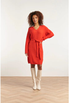 Smashed Lemon 23605 zachte v-hals gebreide jurk | Rood - XXL