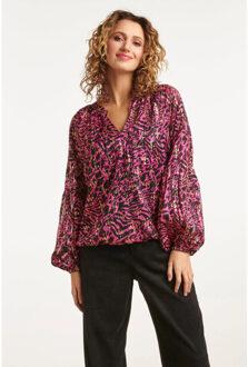 Smashed Lemon 23666 dames chiffon top met fuchsia abstract dieren print | Roze - XS