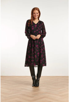 Smashed Lemon 23714-999-380 v-hals jurk met bloemenprintpaars | Zwart - S