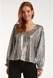 Smashed Lemon 23738-020 en glitter v-hals top voor dames | Zilver