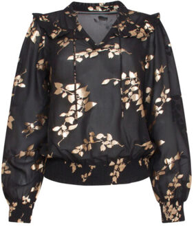 Smashed Lemon 23763-999-025 e bloemenprint v-hals top voor dames | Zwart - S