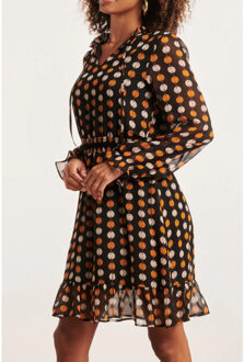 Smashed Lemon 23803 cognac grafische print v-hals jurk | Zwart - XXXL