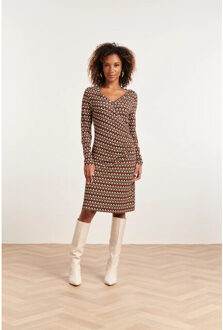 Smashed Lemon 23871 te retro print jurk lange mouwen, v-hals overslag | Veelkleurig - XXL