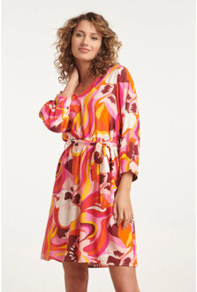 Smashed Lemon 24000 floral retro print v-neck jurk met riem | Roze - XXL