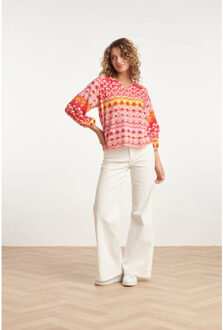 Smashed Lemon 24004 retro print v-hals top met ballonmouw | Roze - XL