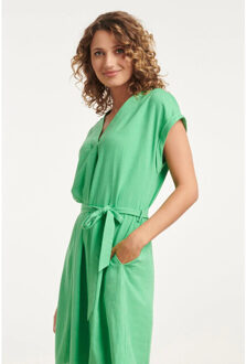 Smashed Lemon 24087 losvallende linnen jurk met v-hals, riemlevendig | Groen - XS