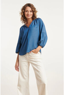 Smashed Lemon 24095 denim look top met v-halspofmouwen | Indigoblauw - S