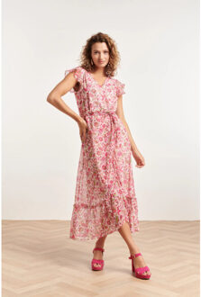 Smashed Lemon 24307 wikkelstijl maxi jurk van chiffon met fuchsialime Wit - XL